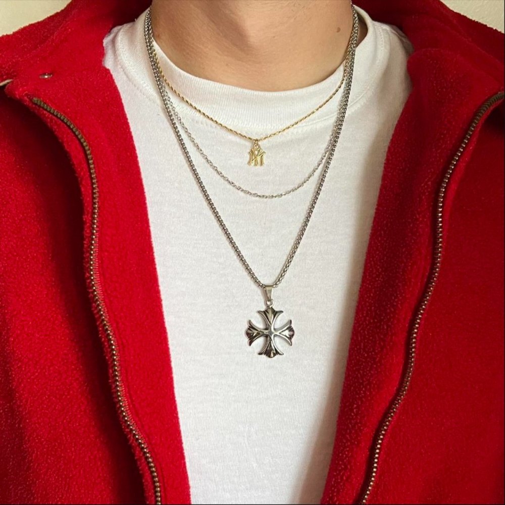 Y2K 2000s vintage heavy metal punk silver gothic cross pendant chain necklace